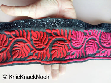 Black Fabric With Red And Magenta Pink Leaves Embroidery And Black Sequins Trim, Approx. 14cm wide - 200317L472